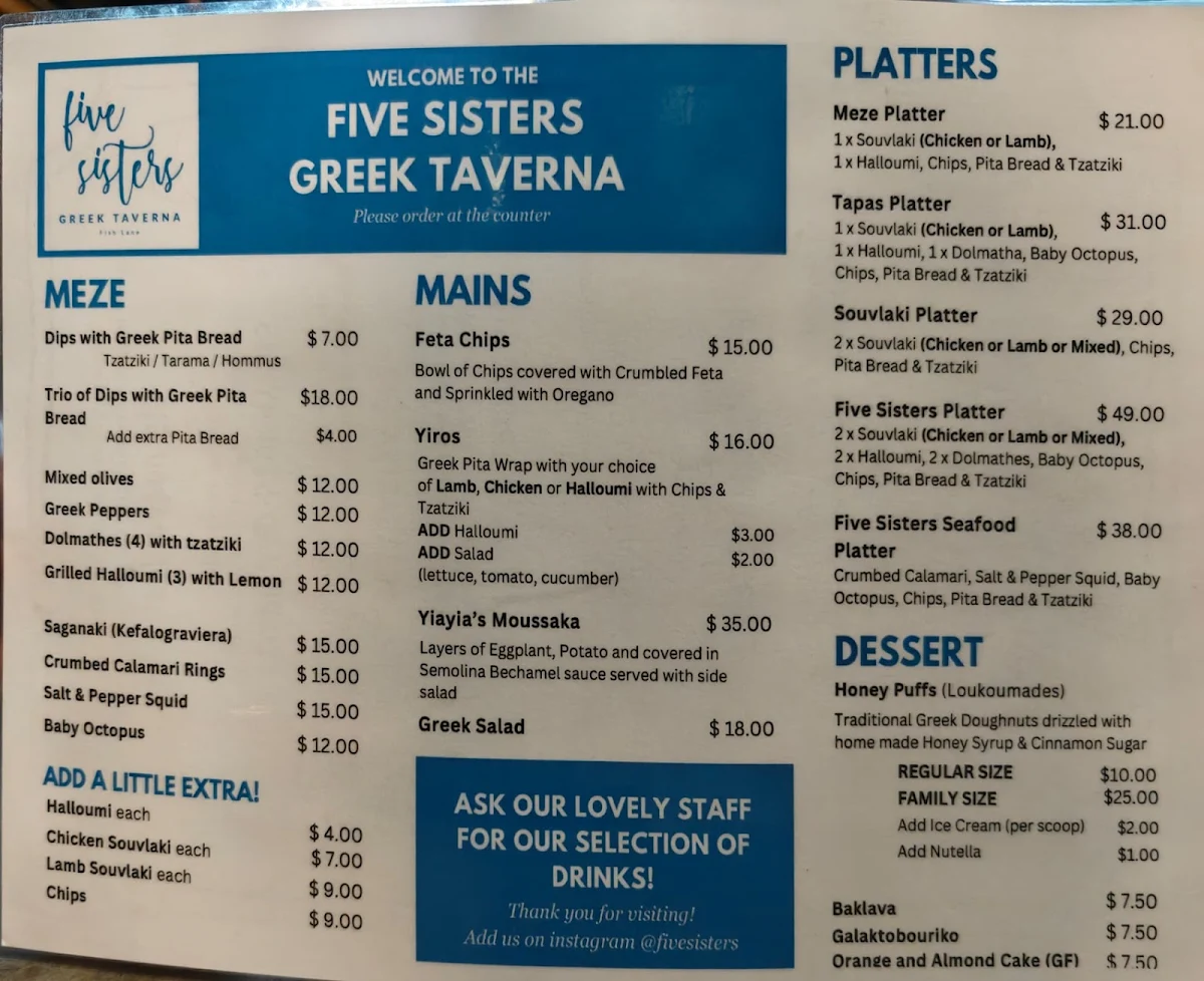 Menu, Five Sisters Cafe and Bar