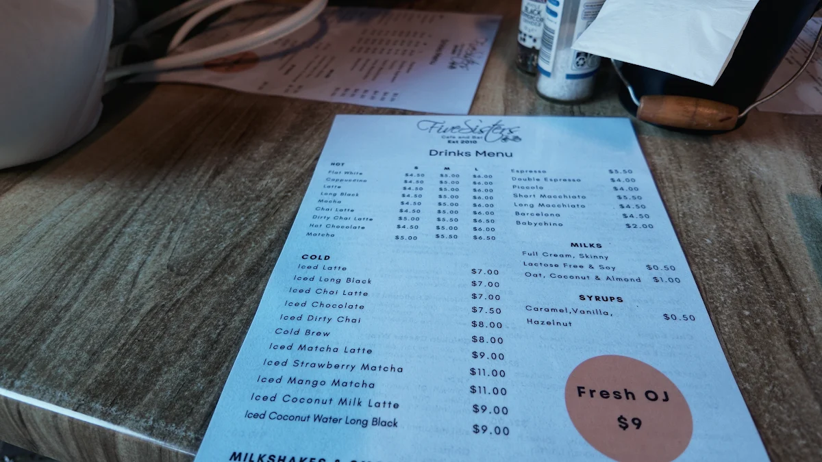 Menu, Five Sisters Cafe and Bar