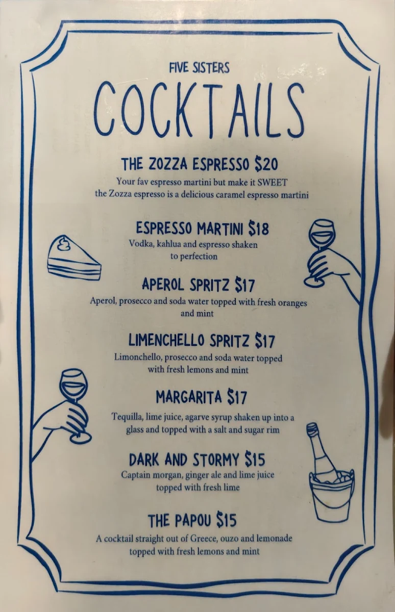 Menu, Five Sisters Cafe and Bar