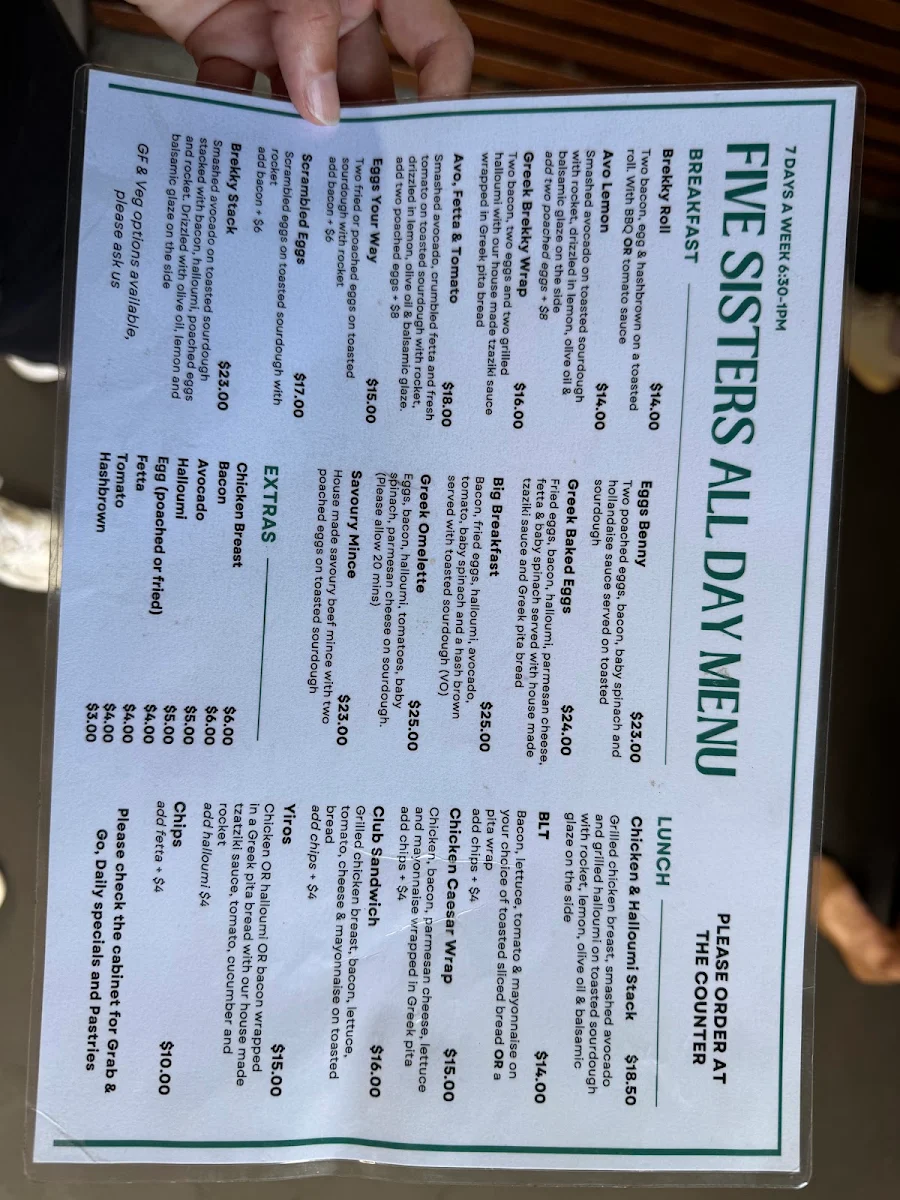 Menu, Five Sisters Cafe and Bar
