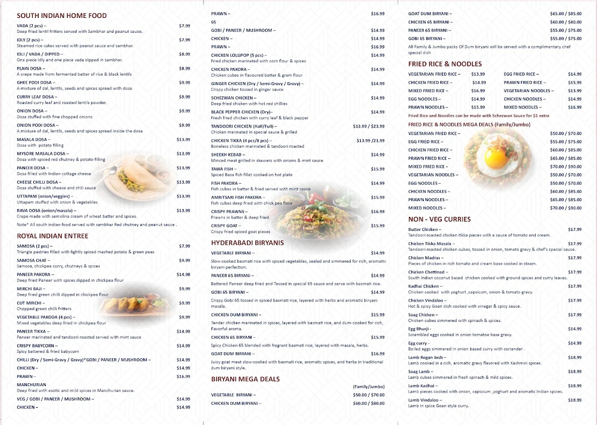 Menu, Saina Indian Restaurant Flemington
