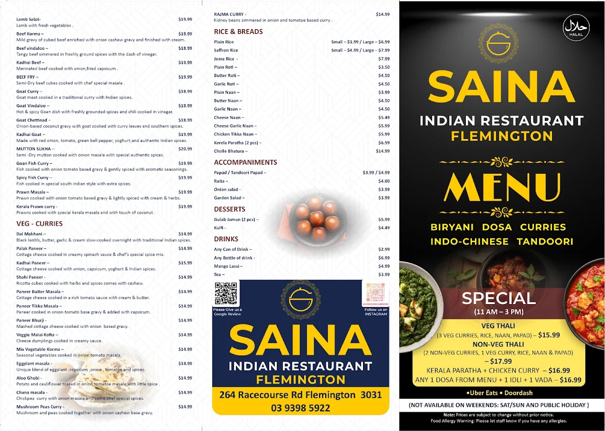 Menu, Saina Indian Restaurant Flemington