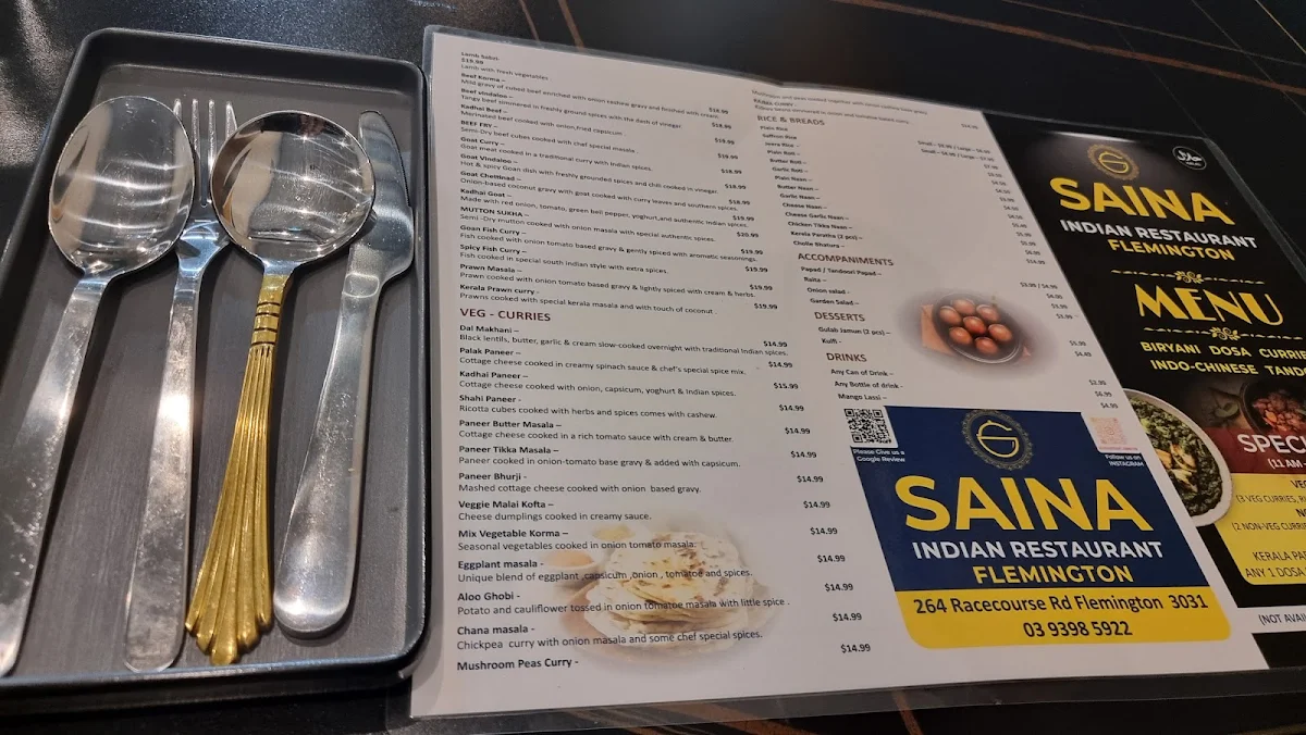 Menu, Saina Indian Restaurant Flemington