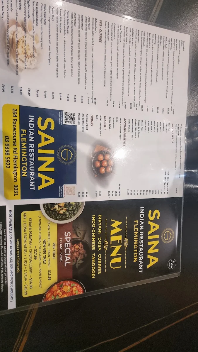 Menu, Saina Indian Restaurant Flemington