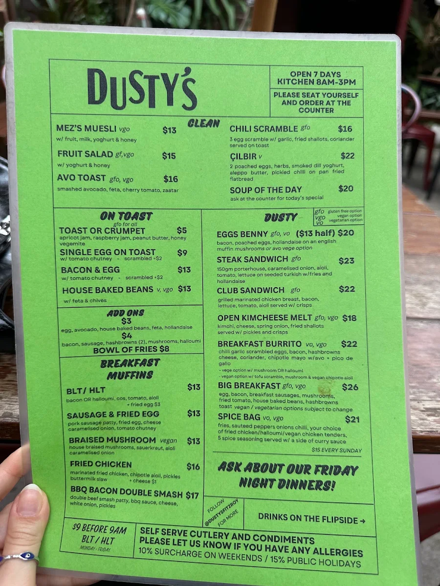 Menu, Dusty's Fitzroy
