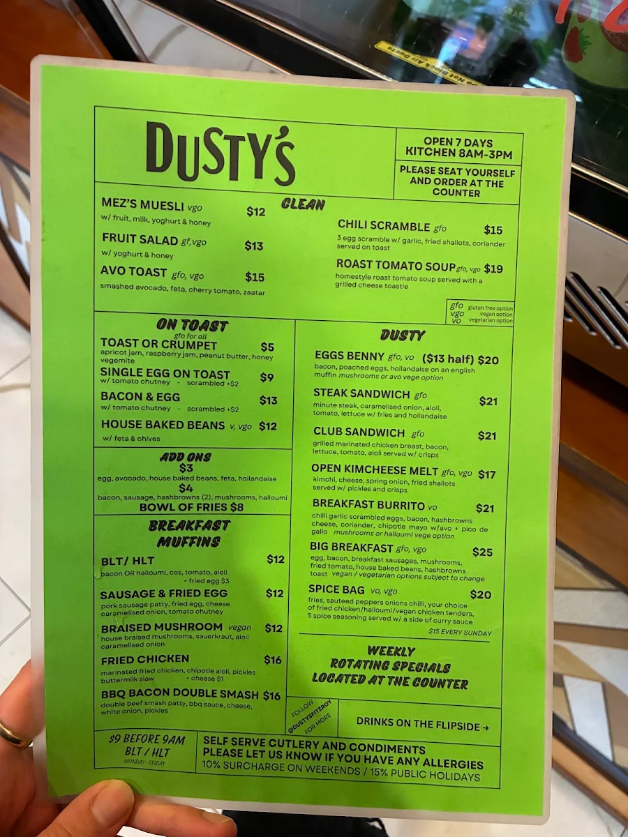 Menu, Dusty's Fitzroy