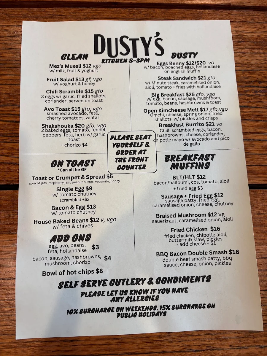 Menu, Dusty's Fitzroy