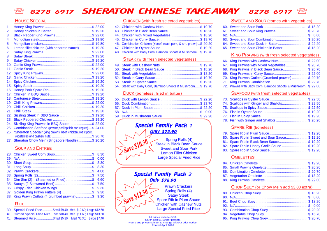 Menu, Sheraton Chinese Take Away Foods