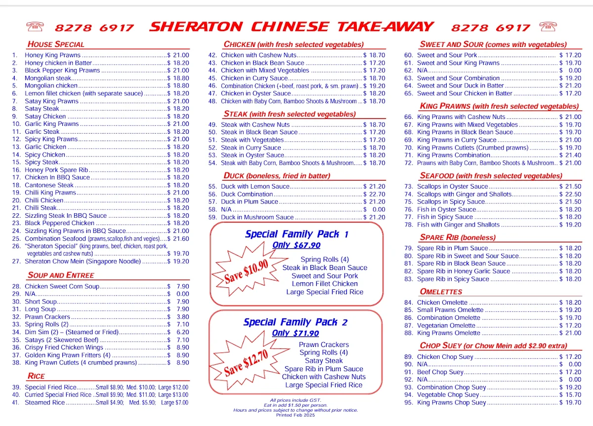 Menu, Sheraton Chinese Take Away Foods