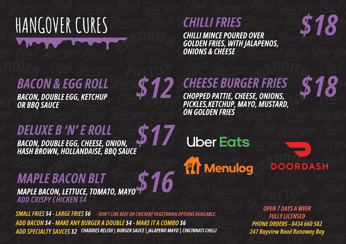 Menu, Chaddies Patties PTY LTD