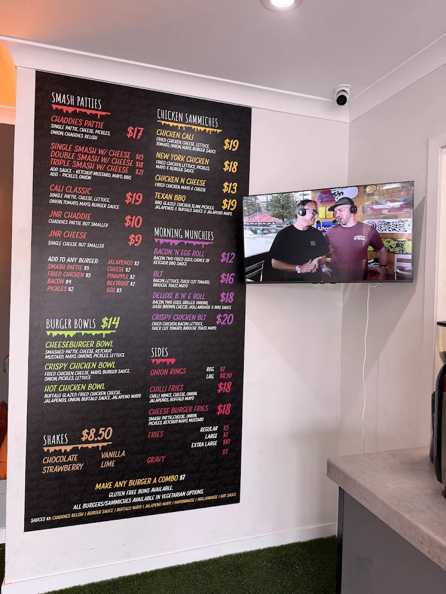 Menu, Chaddies Patties PTY LTD
