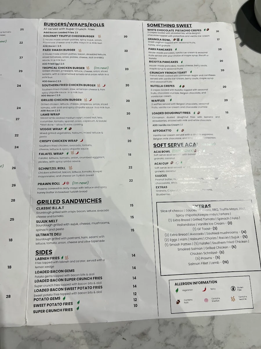Menu, Parx Coffee House Gregory Hills