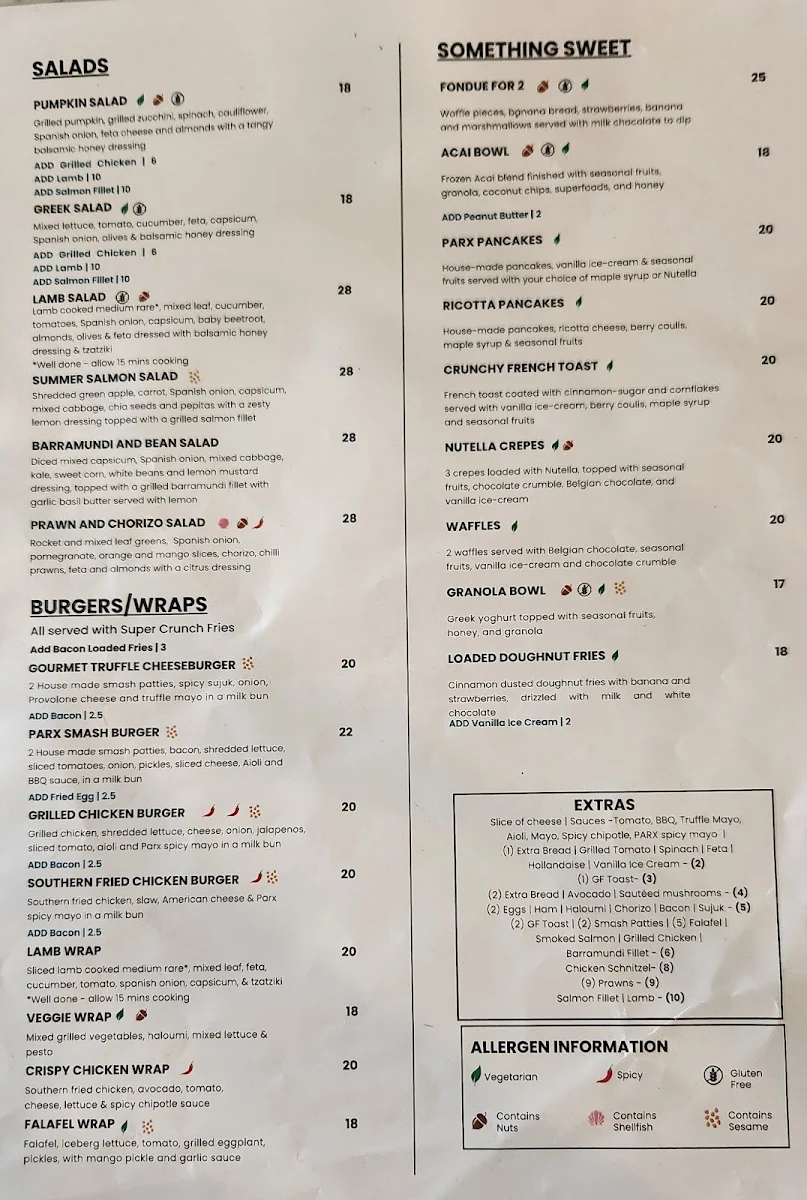 Menu, Parx Coffee House Gregory Hills
