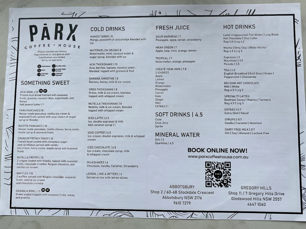 Menu, Parx Coffee House Gregory Hills