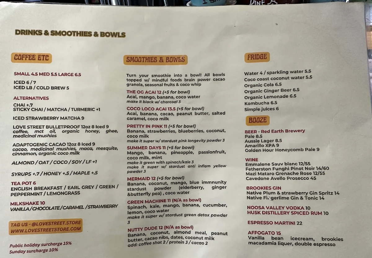 Menu, Love Street Store