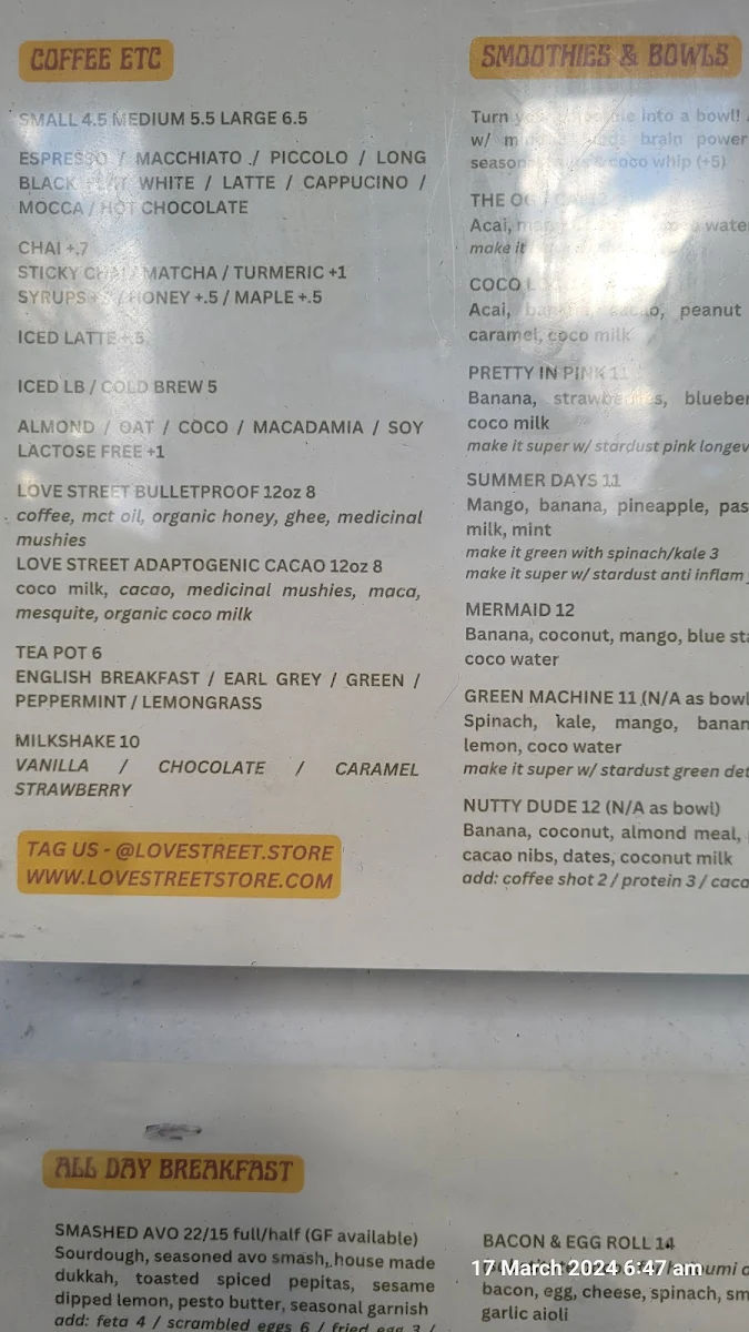 Menu, Love Street Store