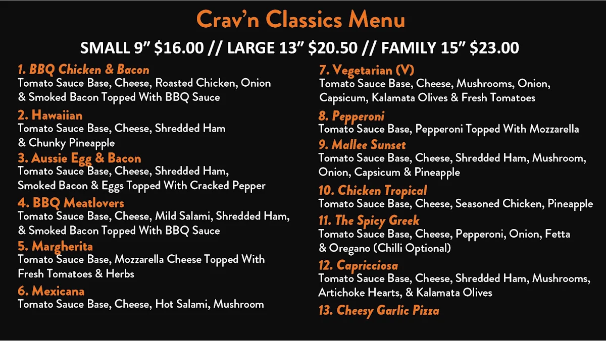 Menu, Crav’N Pizza & Takeaway Mildura