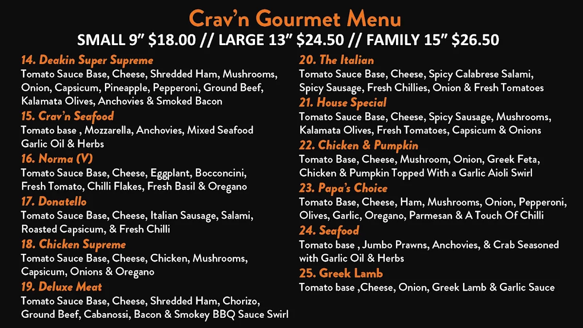 Menu, Crav’N Pizza & Takeaway Mildura