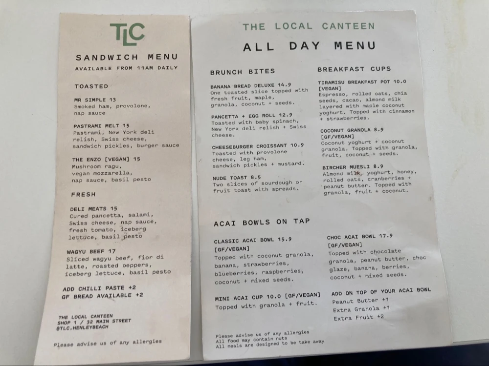 Menu, The Local Canteen