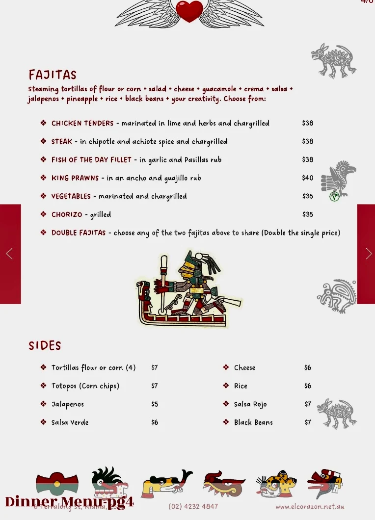 Menu, El Corazon Mexican Restaurant