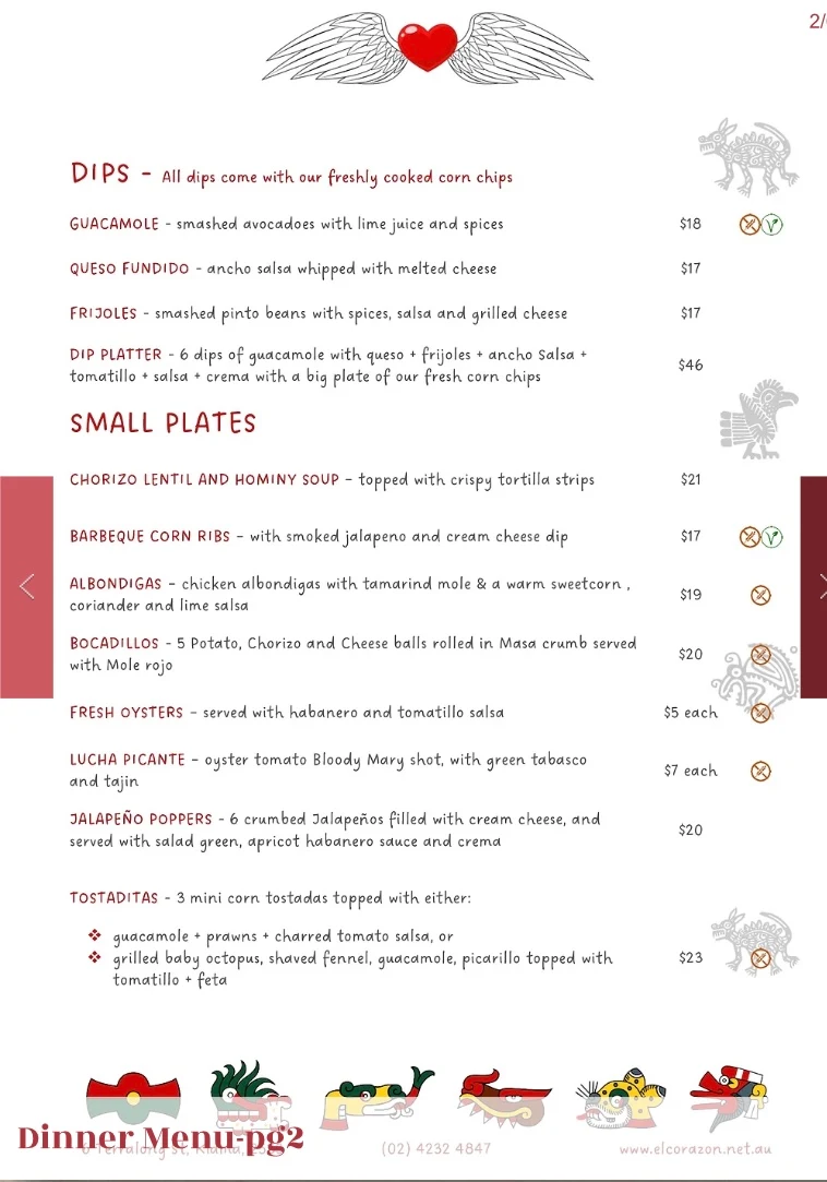 Menu, El Corazon Mexican Restaurant