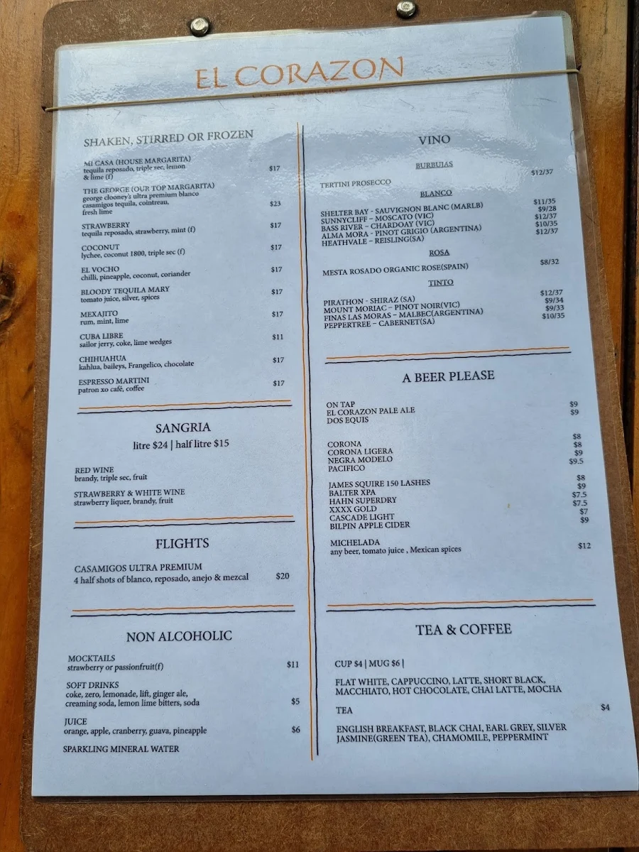 Menu, El Corazon Mexican Restaurant
