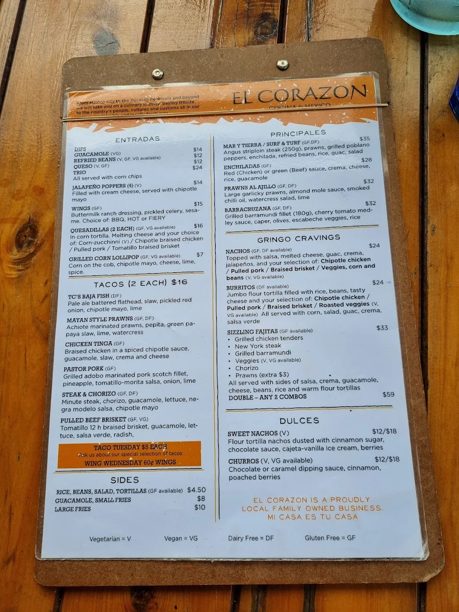 Menu, El Corazon Mexican Restaurant