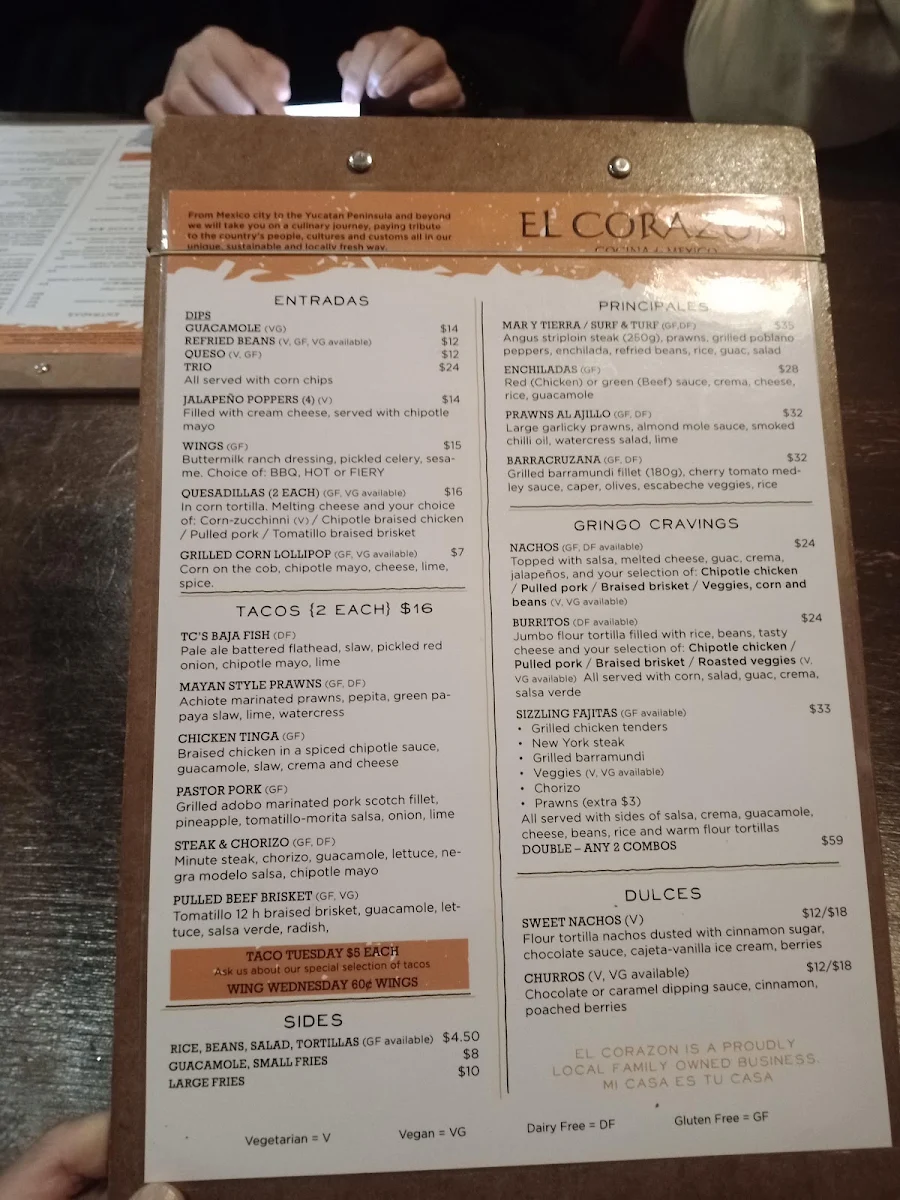 Menu, El Corazon Mexican Restaurant