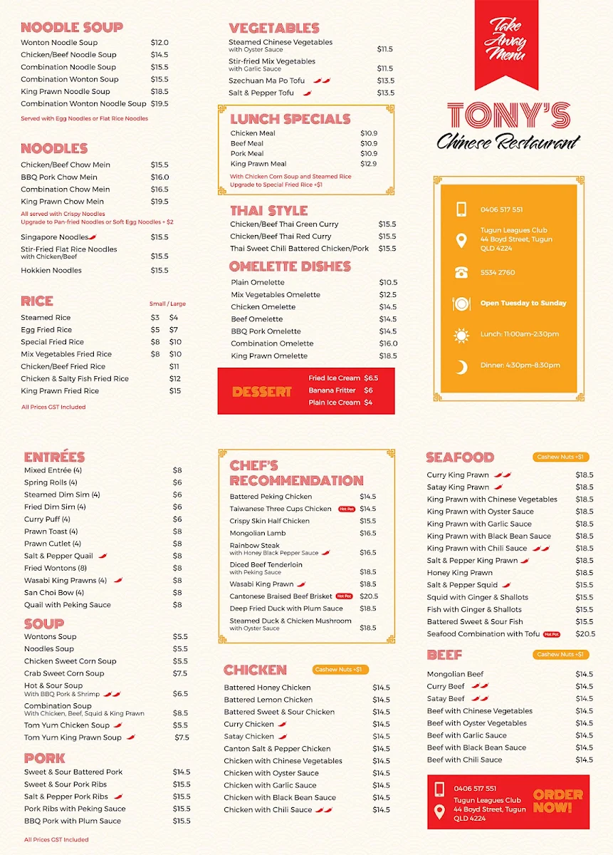 Menu, Tony's Chinese Restaurant
