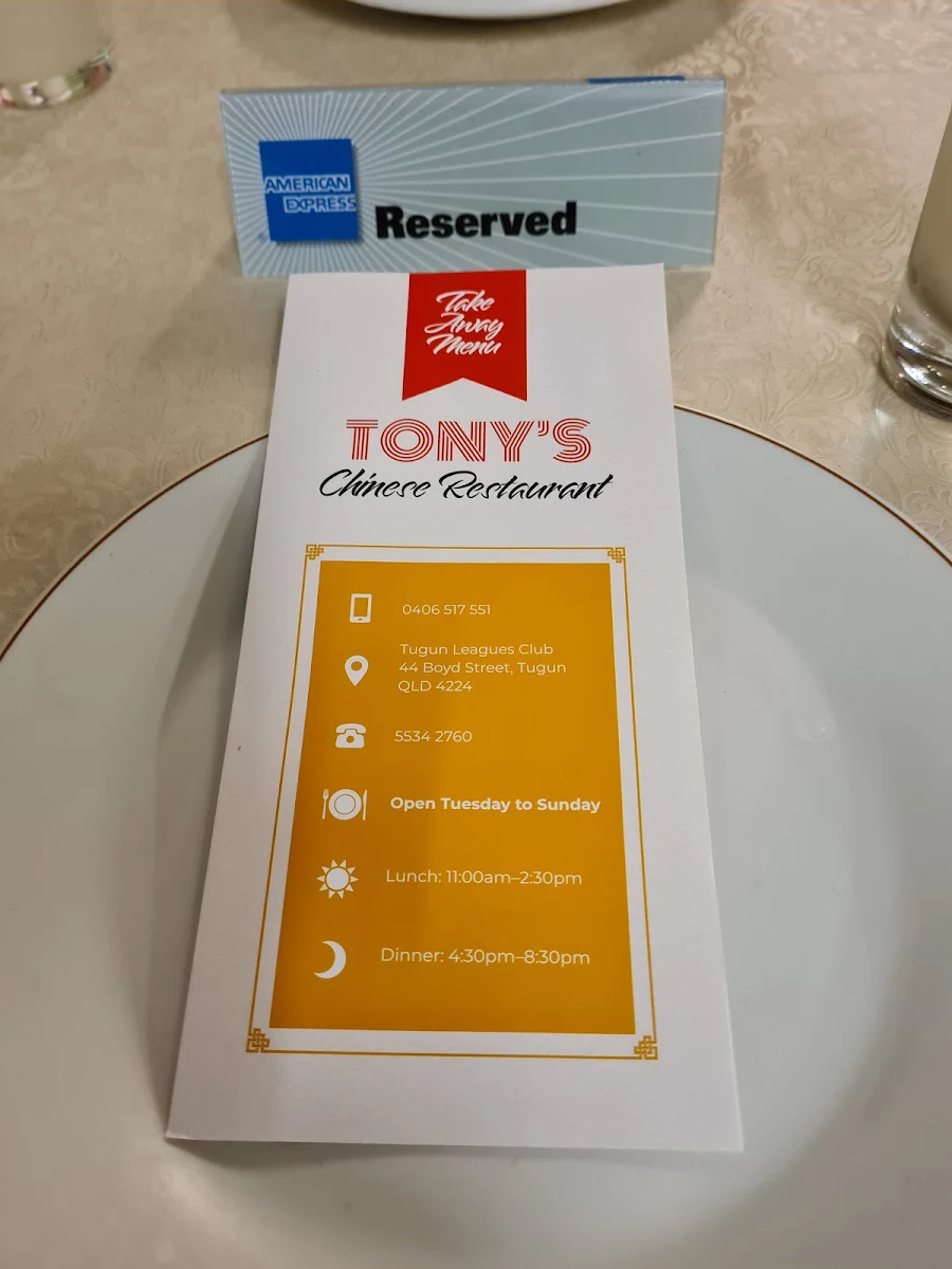Menu, Tony's Chinese Restaurant