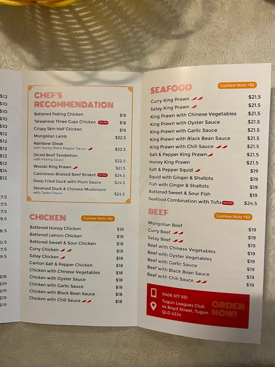 Menu, Tony's Chinese Restaurant