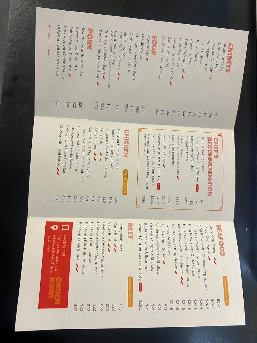 Menu, Tony's Chinese Restaurant