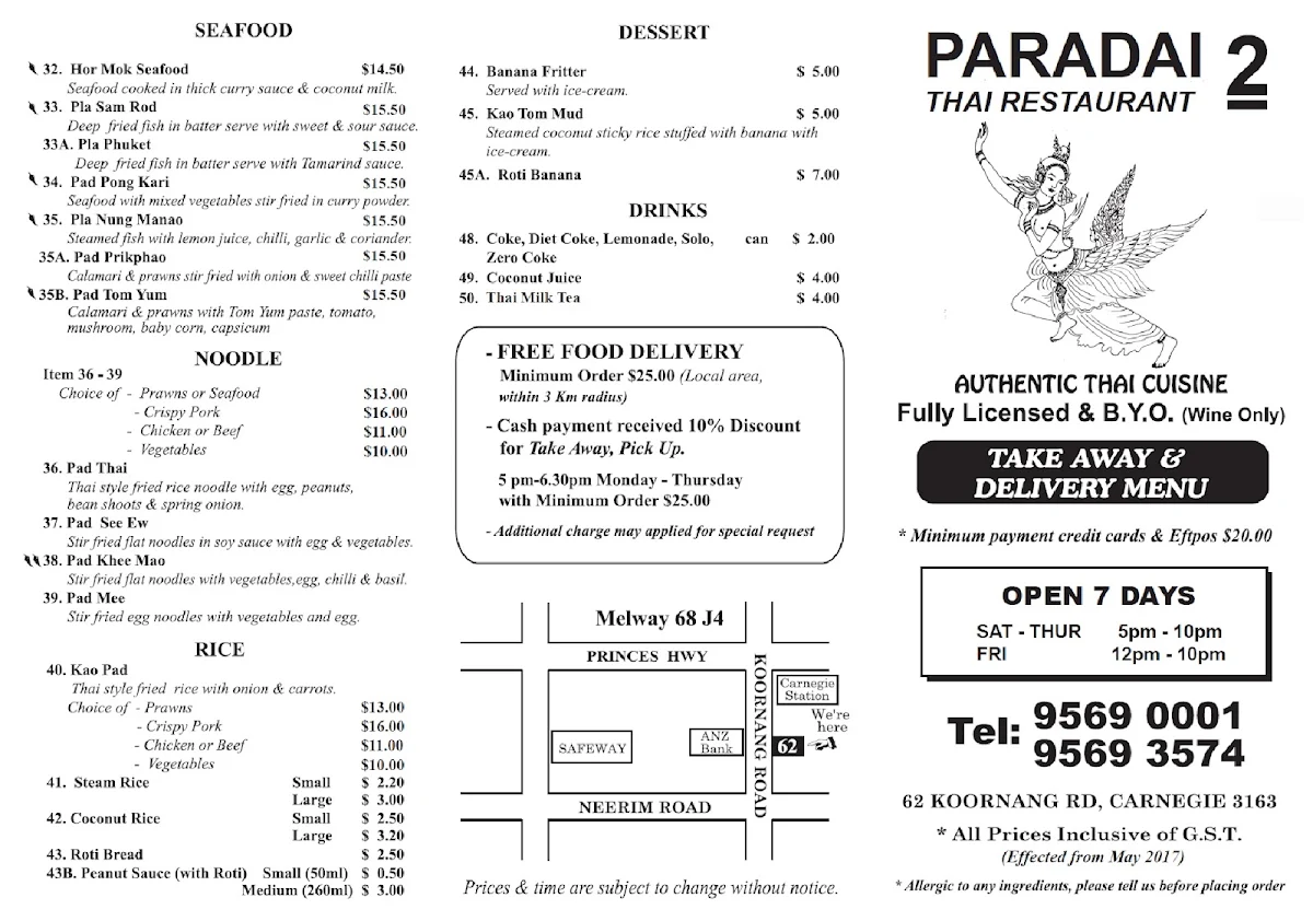 Menu, Paradai 2 Thai Restaurant