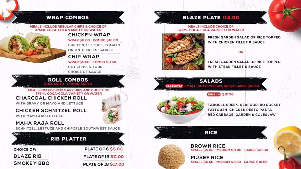 Menu, Blaze Charcoal Chicken