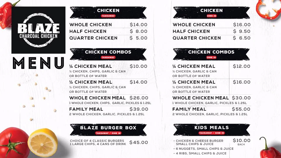 Menu, Blaze Charcoal Chicken