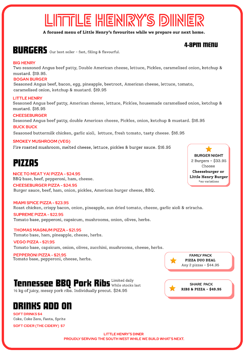 Menu, Little Henry's Diner - Manjimup