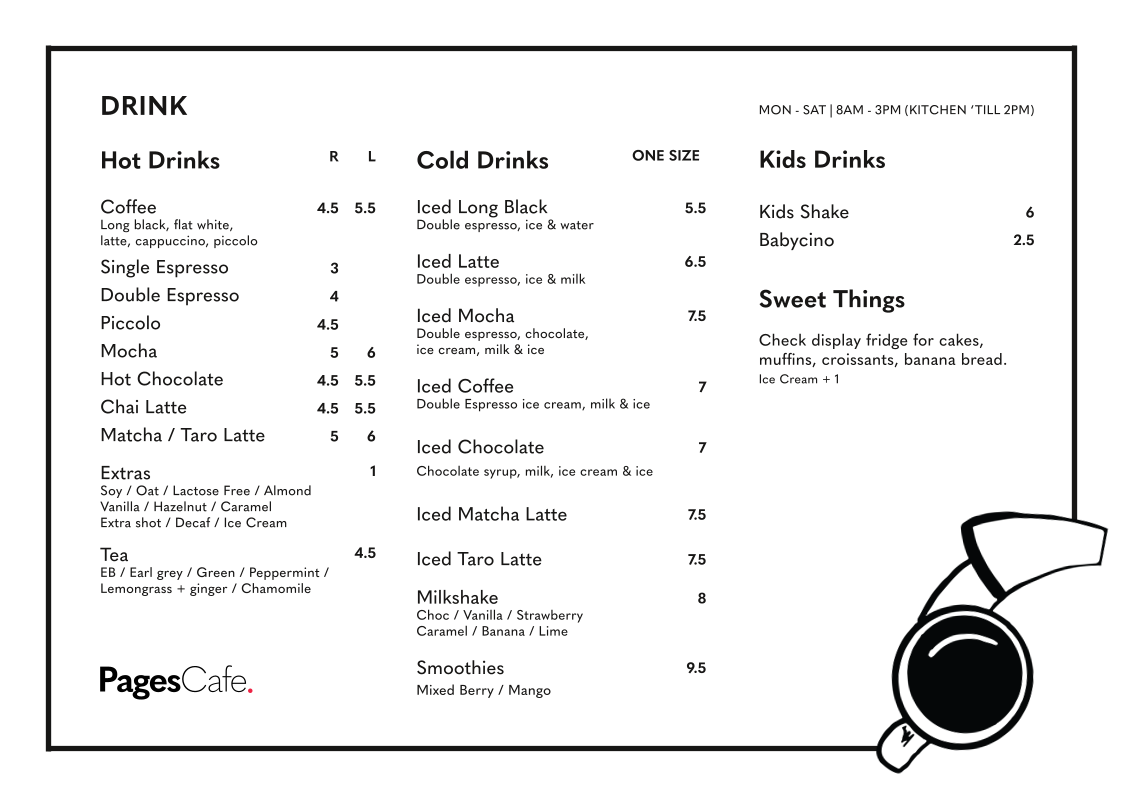 Menu, Pages Cafe West Ryde