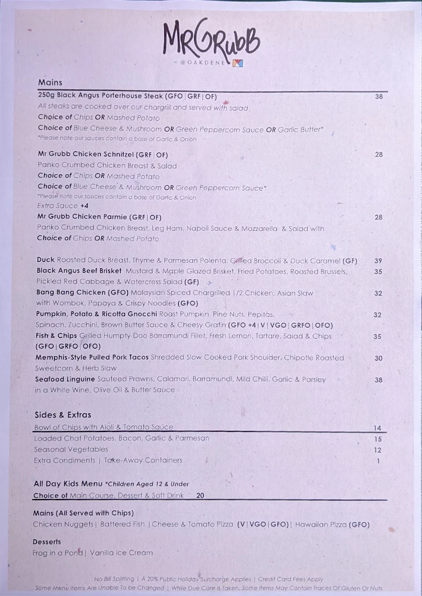 Menu, Mr Grubb @ Oakdene