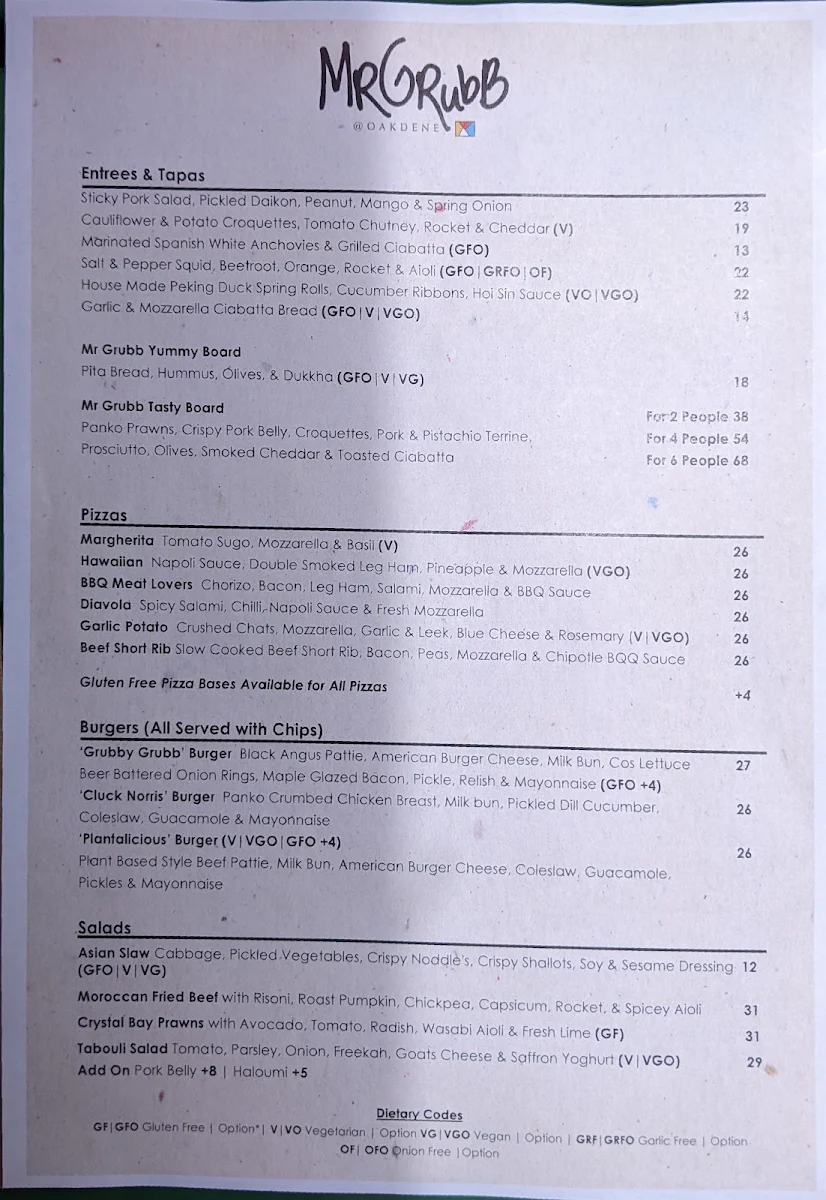 Menu, Mr Grubb @ Oakdene