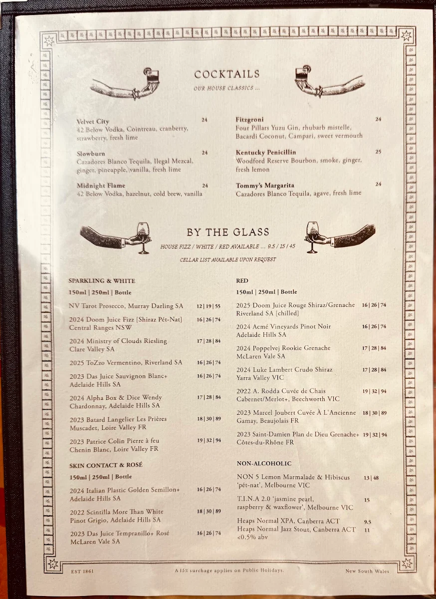 Menu, The Old Fitzroy Hotel