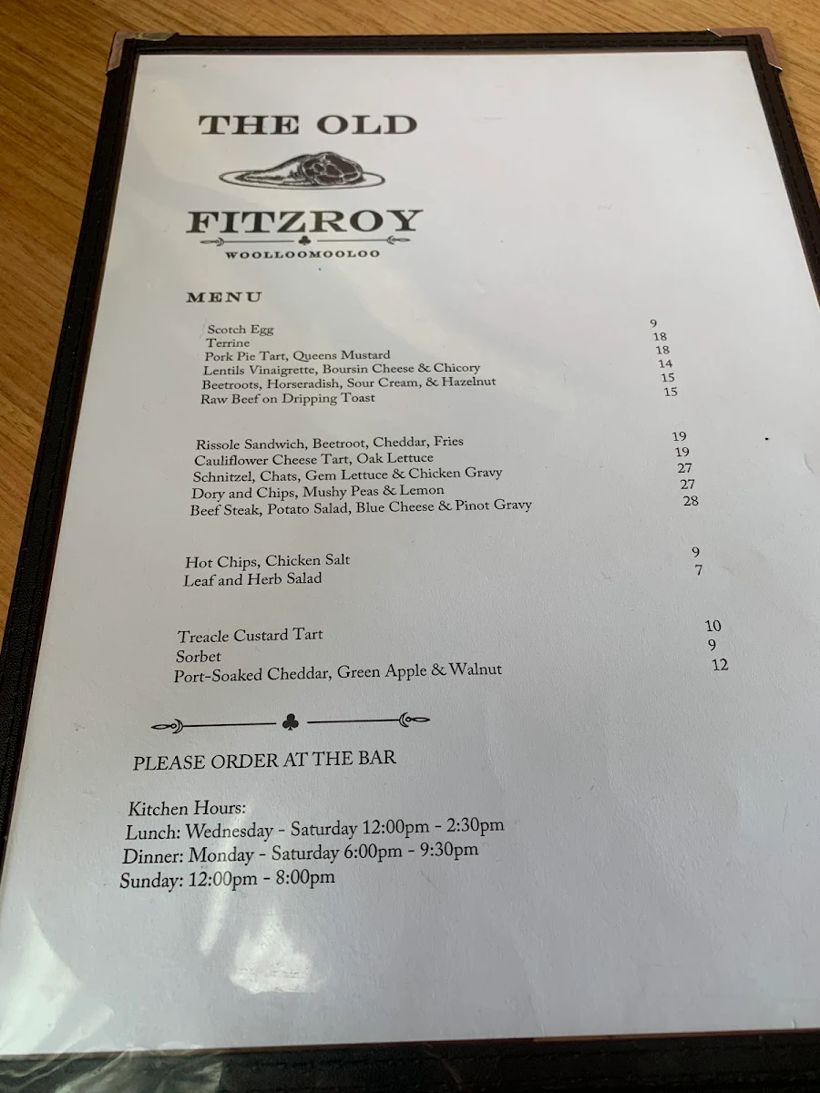 Menu, The Old Fitzroy Hotel