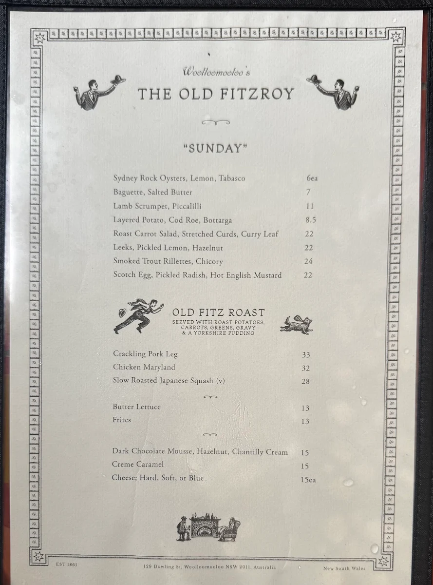 Menu, The Old Fitzroy Hotel