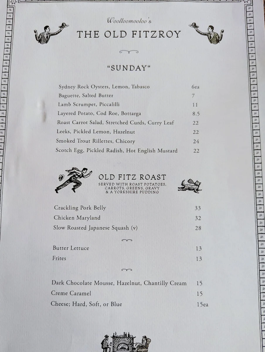 Menu, The Old Fitzroy Hotel
