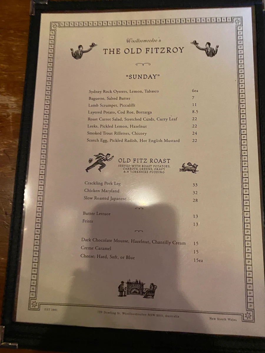 Menu, The Old Fitzroy Hotel