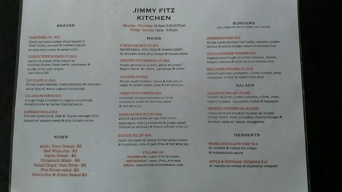 Menu, The Old Fitzroy Hotel