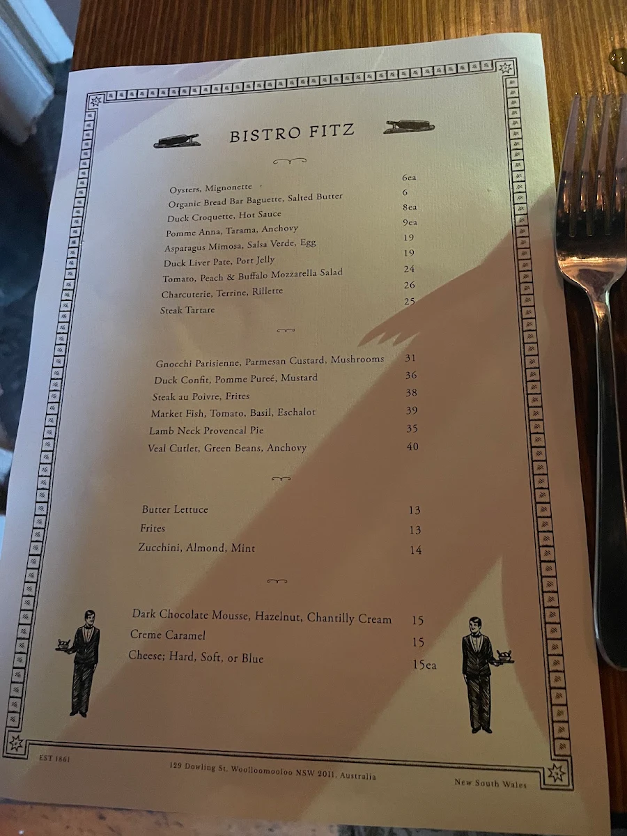 Menu, The Old Fitzroy Hotel