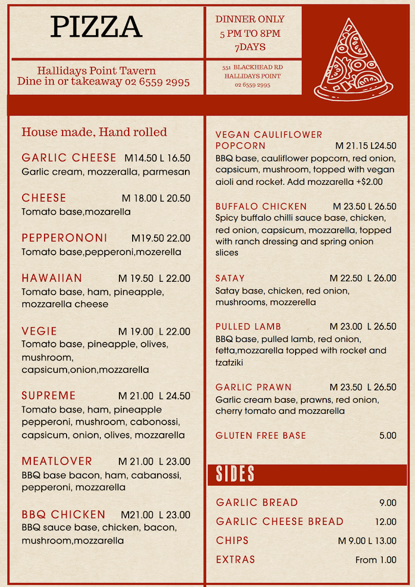 Menu, Hallidays Point Tavern