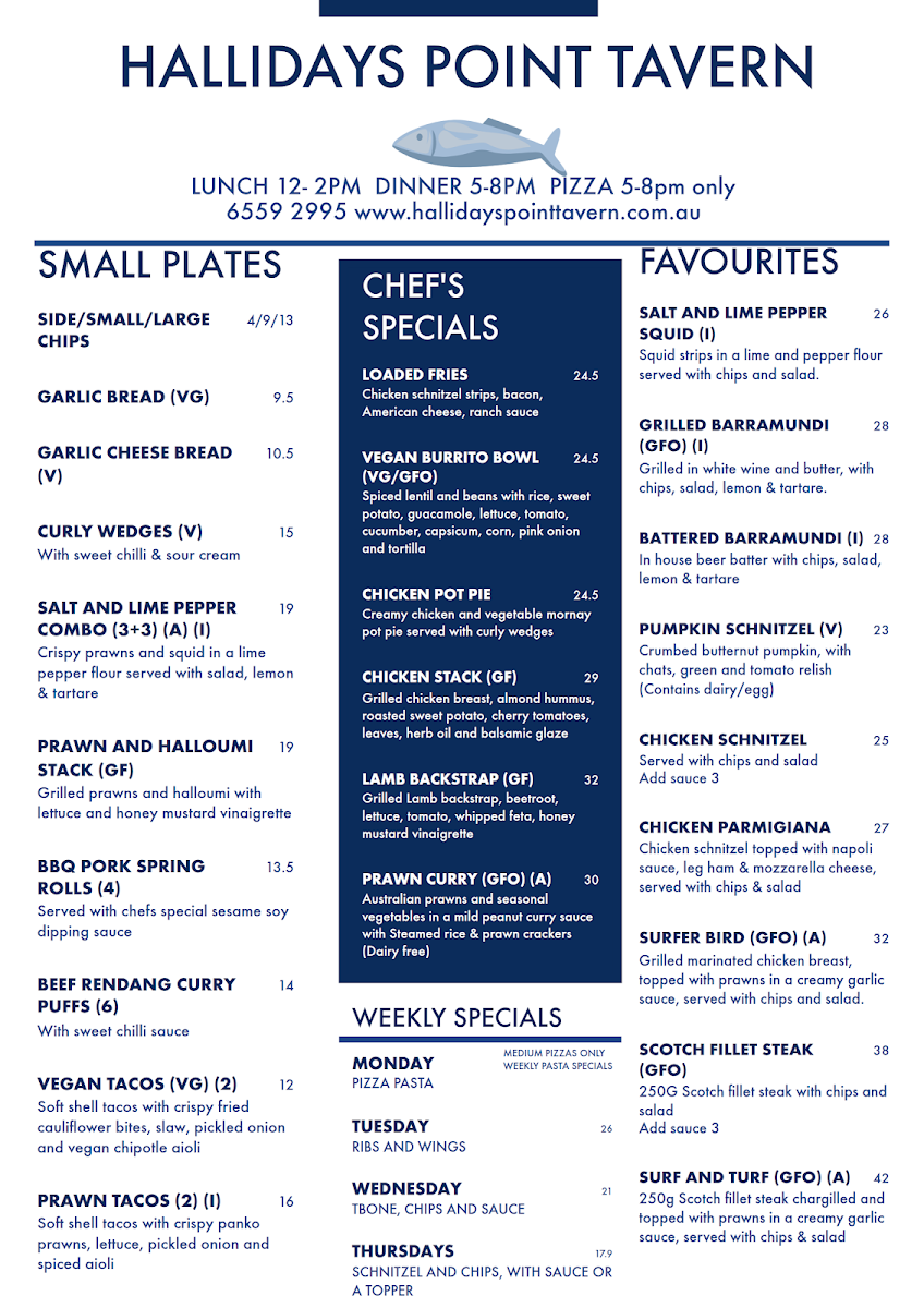 Menu, Hallidays Point Tavern
