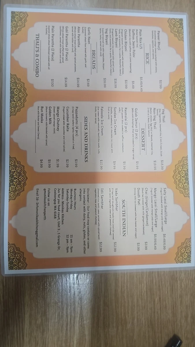 Menu, Monikas Kitchen