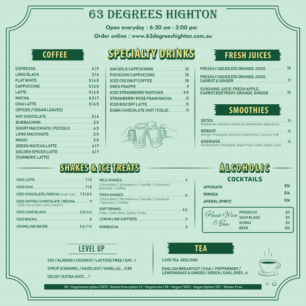 Menu, 63 Degrees Highton